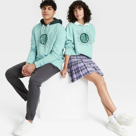 Latino Heritage Month Adult M Gender Inclusive Hola Mint Blue Sweatshirt - Picture 3 of 7